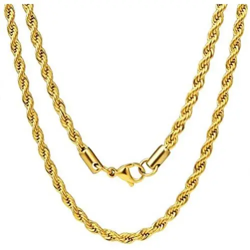 Three Keys Jewelry Mens 18K Gold Plated Rope Chain for Men 4mm Stainless Steel Gold Chain Necklace Long Layered Big Gold Necklaces for Boys