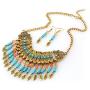 CrazyPiercing Ethnic Tribal Boho Necklace Earrings Set, Vintage Alloy Gold Boho Bohemian Necklace, Turquoise Beads Statement Necklace and Earrings Jewelry Set for Women Girls