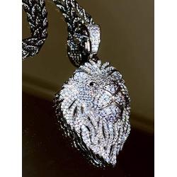 Shop-iGold Men Women 925 Italy Iced Silver Iced Lion Head Charm Ice Out Pendant Stainless Steel Real 2 mm Rope Chain Necklace, Mens Jewelry, Iced Pendant, Rope Necklace