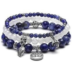 JOVIVI 3pcs Amethyst Rose Quartz Crystal Beaded Chakra Bracelet Natural Healing Energy Lotus Charm Beads Stone Reiki Stackable Stretch Bracelets Set for Women