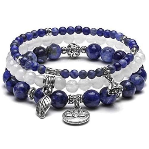 JOVIVI 3pcs Amethyst Rose Quartz Crystal Beaded Chakra Bracelet Natural Healing Energy Lotus Charm Beads Stone Reiki Stackable Stretch Bracelets Set for Women