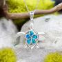 Honolulu Jewelry Company Sterling Silver Turtle Necklace Pendant with Simulated Blue Opal Flower 18'' Box Chain