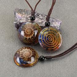 MANIFO Ammonite Fossil Pendant Necklace 7 Chakra Healing Crystal Stone Spiral Necklace for Men Women