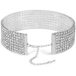 Rhinestone Choker 3 5 or 8 Row Silver by LuxeLife – Women’s Crystal Necklace Diamond Collar with 5'' Extender