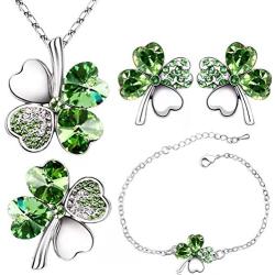Four Leaf Clover Necklace - Green St.Patricks Day Shamrock Jewelry - Good Luck - Green Clover Necklace, Earrings, Bracelet, Brooch - Crystals and Rhinestones - Mall of Style