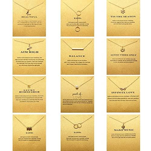 12 Pieces Friendship Pendant Chain Necklace with Message Cards, Lucky Faux Pearl Cycle Butterfly Bar Sun Arrow Double Rings Moon, Necklace Clavicle Party Favors Birthday Supply for Women Girls