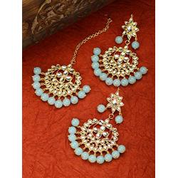 Aheli Beautiful Indian Traditional Wedding Faux Kundan Beaded Maang Tikka with Earrings Set for Women Ethnic Fashion Jewelry