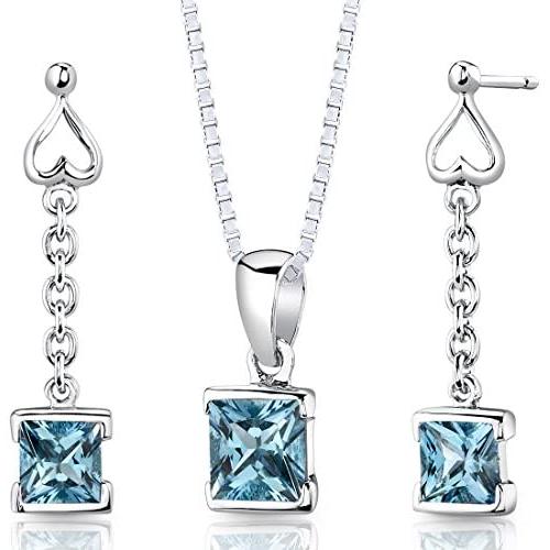 Peora Swiss Blue Topaz Pendant Necklace and Earrings Jewelry Set in Sterling Silver, Princess Cut, 1.00 Carat total, with 18 inch Chain