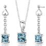 Peora Swiss Blue Topaz Pendant Necklace and Earrings Jewelry Set in Sterling Silver, Princess Cut, 1.00 Carat total, with 18 inch Chain