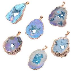 Natural Agate Slice Druzy Necklace - Irregular Slice Natural Quartz Geode Pendant Necklace with Gold Plated Edge, Bohemian Natural Stone Jewelry for Women