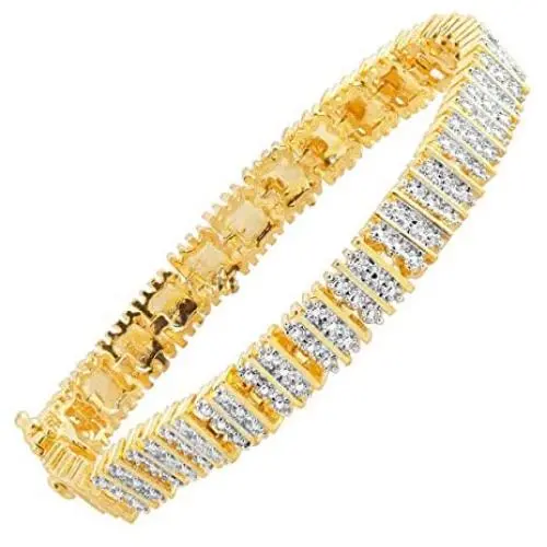 Square Link Tennis Bracelet with Diamonds in Plated Brass, 7.25'' Square Link Tennis Bracelet with Diamonds in Plated Brass, 7.25''