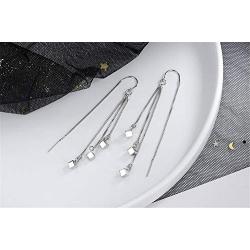 Tiny Cube Long Tassel Threader Chain Drop Dangle Earrings for Women Teen Girls Dainty Elegant White Gold Plated Hypoallergenic Sensitive Ears Hanging Crawler Jewelry Gifts for Girlfriend