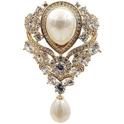 Dreamlandsales Victorian Vintage Gold Tone Ribbon Floral Scroll Pearl Drop Wedding Brooch Pin Bridal Jewelry (Gold)