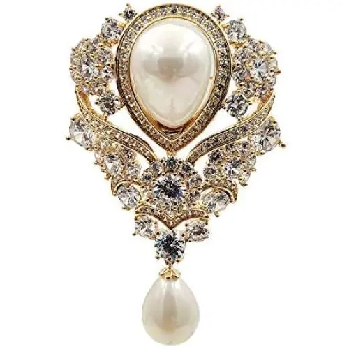 Dreamlandsales Victorian Vintage Gold Tone Ribbon Floral Scroll Pearl Drop Wedding Brooch Pin Bridal Jewelry (Gold) Dreamlandsales Victorian Vintage Gold Tone Ribbon Floral Scroll Pearl Drop Wedding Brooch Pin Bridal Jewelry (Gold)
