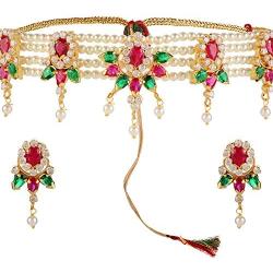 Efulgenz Indian Bollywood 14 K Gold Plated Cubic Zirconia Faux Ruby Pearl Choker Necklace Earring Bridal Jewelry Set