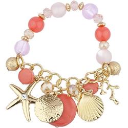 LUX ACCESSORIES Gold Tone Pink Beaded Nautical Sea Life Stretch Charm Bracelet