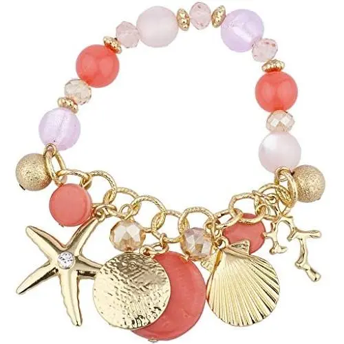 LUX ACCESSORIES Gold Tone Pink Beaded Nautical Sea Life Stretch Charm Bracelet LUX ACCESSORIES Gold Tone Pink Beaded Nautical Sea Life Stretch Charm Bracelet