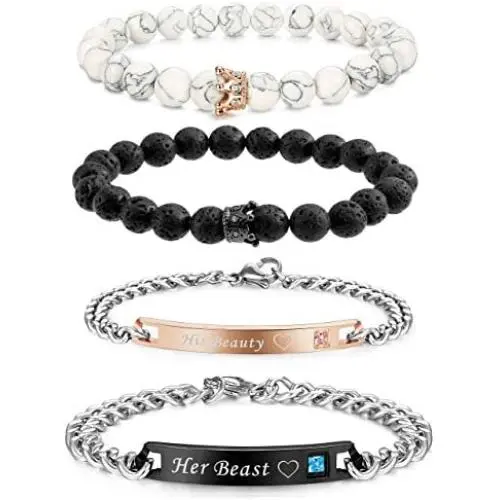 FIBO STEEL 4 Pcs Couples Bracelet for Men Women His & Her Stainless Steel Chain Crown Queen 8mm Beads Bracelets ?- (C:4 pcs a Set) FIBO STEEL 4 Pcs Couples Bracelet for Men Women His & Her Stainless Steel Chain Crown Queen 8mm Beads Bracelets ?- (C:4 pcs a Set)