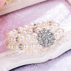 BriLove Womens Wedding Bridal Crystal Simulated Pearl Double Row Strand Halo Vintage Stretch Bracelet