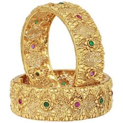 SANARA Indian Traditional Gold Plated Women Wedding Ruby Green Bollywood Bridal Polki Bangle Bracelet Set Ethnic Jewelry