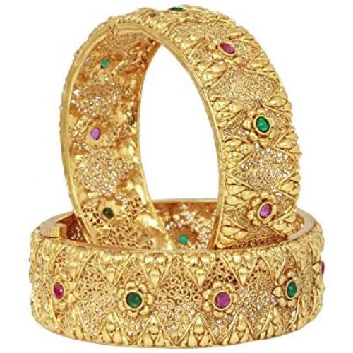SANARA Indian Traditional Gold Plated Women Wedding Ruby Green Bollywood Bridal Polki Bangle Bracelet Set Ethnic Jewelry