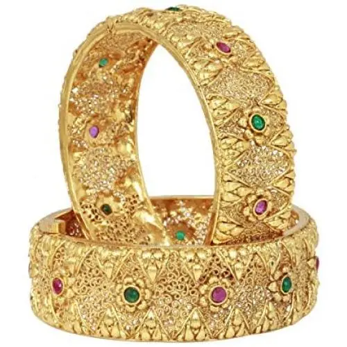 SANARA Indian Traditional Gold Plated Women Wedding Ruby Green Bollywood Bridal Polki Bangle Bracelet Set Ethnic Jewelry