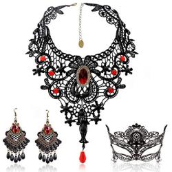 Black Lace Necklace and Earrings Set,BagTu Gothic Lolita Red Pendant Choker for a Halloween Costume and Wedding