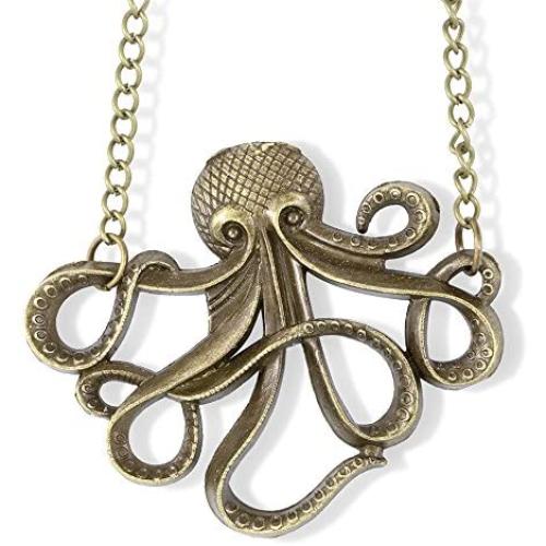 Brass Coloured Octopus Charm Chain Necklace Jewelry Gift for Women Men Boys Girls Sea Creature Sea Life Fans