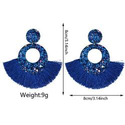 ZRosse 2 Pairs Handmade Bohemian Fan Shape Tassel Sparkly PU Drop Dangle Earrings Sets Statement Hoop Fringe Lightweight Earrings Jewelry for Women Girls