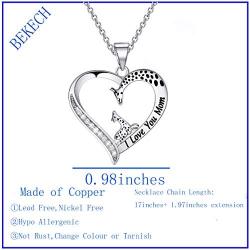 BEKECH Mom and Baby Giraffe Necklace I Love You Mom Heart Pendant Necklace Mother Daughter Jewelry Necklace for Mom Mom Birthday Gift