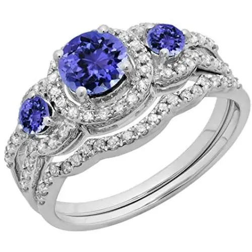 Round Gemstone & White Diamond Ladies 3 Stone Halo Bridal Engagement Ring With Matching Band Set, 14K White Gold Round Gemstone & White Diamond Ladies 3 Stone Halo Bridal Engagement Ring With Matching Band Set, 14K White Gold