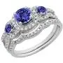 Round Gemstone & White Diamond Ladies 3 Stone Halo Bridal Engagement Ring With Matching Band Set, 14K White Gold Round Gemstone & White Diamond Ladies 3 Stone Halo Bridal Engagement Ring With Matching Band Set, 14K White Gold