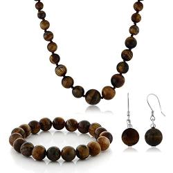 Gem Stone King 10mm Tiger Eye Brown Color Cross Cut Bead Necklace Bracelet and Earrings Set