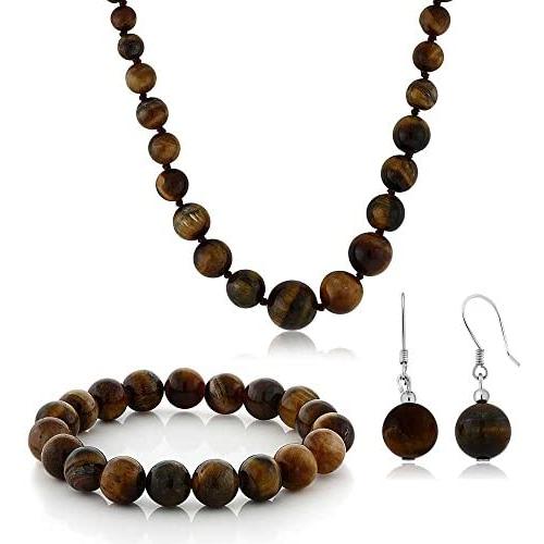 Gem Stone King 10mm Tiger Eye Brown Color Cross Cut Bead Necklace Bracelet and Earrings Set