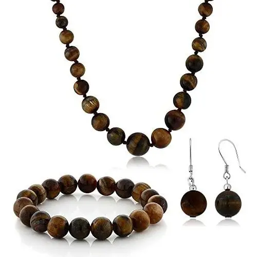 Gem Stone King 10mm Tiger Eye Brown Color Cross Cut Bead Necklace Bracelet and Earrings Set Gem Stone King 10mm Tiger Eye Brown Color Cross Cut Bead Necklace Bracelet and Earrings Set