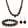 Gem Stone King 10mm Tiger Eye Brown Color Cross Cut Bead Necklace Bracelet and Earrings Set
