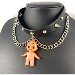 Skye Jewelry Black Leather Choker Necklace w/Spike Studs/Chains & Hanging Baby Doll Pendant