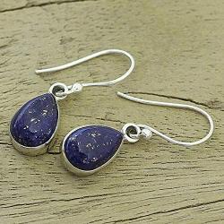 NOVICA Lapis Lazuli .925 Sterling Silver Teardrop Dangle Hook Earrings Be True