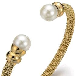 Classic Ladies Stainless Steel Twisted Cable Bangle Bracelet with Synthetic White Pearl