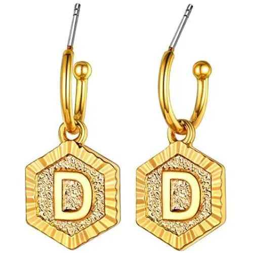 Women Girls Initial Earrings Sterling Silver Post 18K Gold Plated Open Huggie Hoop Earrings with Vintage Hexagon Embossed A-Z 26 Letters Drop Tiny Earrings, Name Style Jewelry,Christmas Gift for Lover