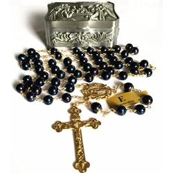 elegantmedical Black AAA+10mm Real Pearl BEADS GOLD ROSARY CROSS Necklace & box Catholic GIFTS