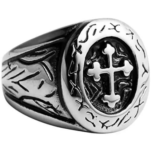 HZMAN Vintage Celtic Cross Stainless Steel Ring Band Medieval Biker for Men