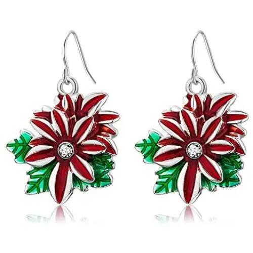 RareLove Christmas Red Poinsettia Flower Piercing Dangle Earrings Silver Plated Alloy Holiday Jewelry For Women Girls
