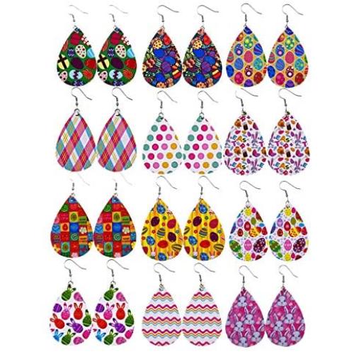 12 Pairs Easter Faux Leather Dangle Earring Set Colorful Easter Egg Teardrop Earring Rabbit Pattern PU Leather Drop Earrings Happy Easter Holiday Jewelry Accessory