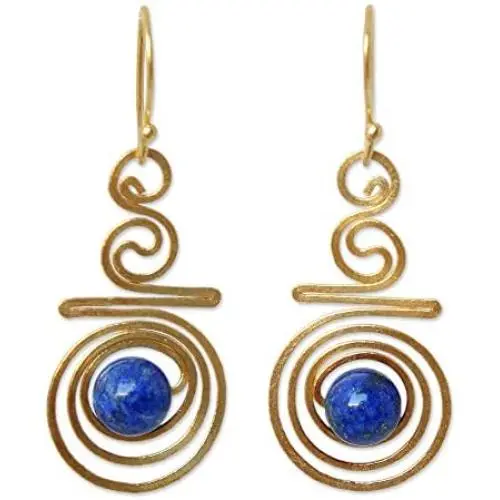 NOVICA Hand Crafted Lapis Lazuli and Yellow Gold Plated Brass Earrings, Follow the Dream