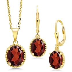 Gem Stone King 18K Yellow Gold Plated Silver Red Garnet Pendant Earrings Set For Women (7.20 Ct Oval with 18 Inch Chain)