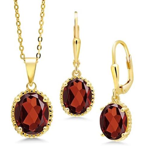 Gem Stone King 18K Yellow Gold Plated Silver Red Garnet Pendant Earrings Set For Women (7.20 Ct Oval with 18 Inch Chain)