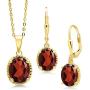 Gem Stone King 18K Yellow Gold Plated Silver Red Garnet Pendant Earrings Set For Women (7.20 Ct Oval with 18 Inch Chain)