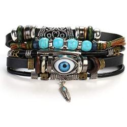 Punk Multilayer Evil Eye Leather Wrap Bracelet Turkish Amulet Feather Leaf Hand Braid Adjustable Wristband Bangle for Men Women Jewelry