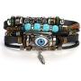 Punk Multilayer Evil Eye Leather Wrap Bracelet Turkish Amulet Feather Leaf Hand Braid Adjustable Wristband Bangle for Men Women Jewelry